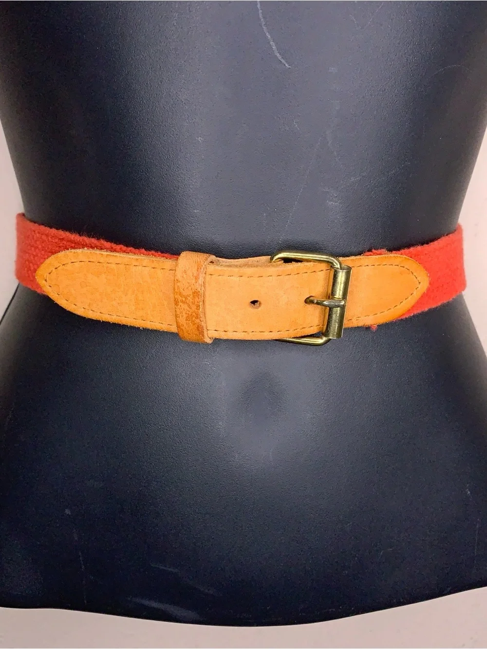 Vintage Small Red Canvas Tan Brown Leather Belt Womens 28 Inch Length Western